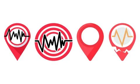 Earthquake map pointer icons with red seismic wave symbols Illustrazione stock