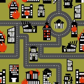 Earthquake in seamless pattern. Urban structures destroyed. Fire in homes. Stock Illustration