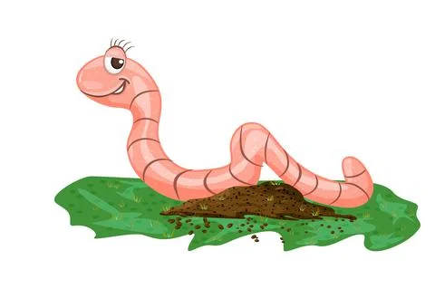 Earthworm on heap of ground isolated on white background. Cartoon worm mascot Stock Illustration