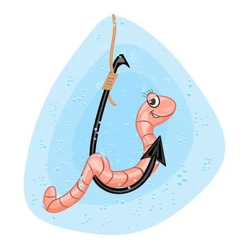 Earthworm on hook isolated on white background. Cartoon earthworm and hook. Stock Illustration