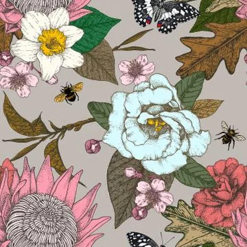 Earthy-tone seamless vector pattern design with flowers, butterfly, and bees Stock Illustration