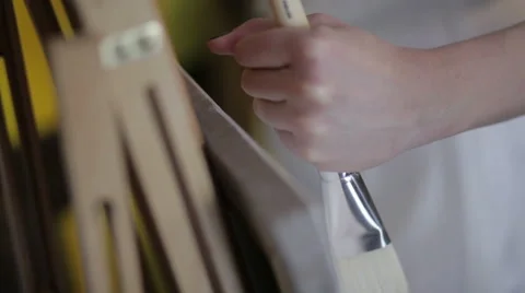 Easel Close Up. Hand Holds The Brush Stock Footage 52006429