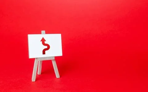 An easel with a curved arrow avoiding an obstacle. Deviation from route, s... 写真素材
