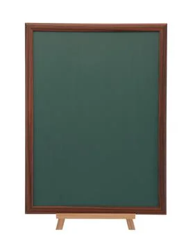 Easel with empty vertical chalkboard,  empty blackboard isolated on white bac Foto stock