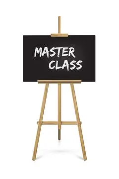 Easel with master class text on black paper standing on white background. Wooden 스톡 일러스트