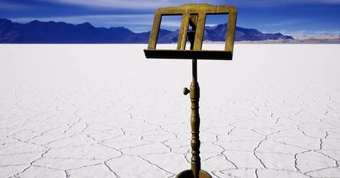 Easel standing alone on salt flats with mountain backdrop under blue sky Stock Illustration