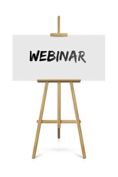 Easel with webinar text on paper standing on white background. Wooden tripod 스톡 일러스트