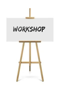 Easel with workshop text on paper standing on white background. Wooden tripod Illustrazione stock