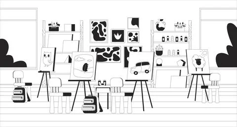 Easels art studio black and white line illustration 스톡 일러스트