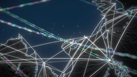 East Asia Data Network Glowing On A Macro Night Map With Bokeh Streams Stock Footage 343247824