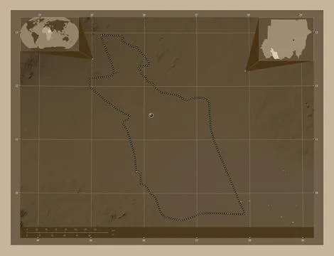 East Darfur, Sudan. Elevation map colored in sepia tones with lakes and river イラスト素材