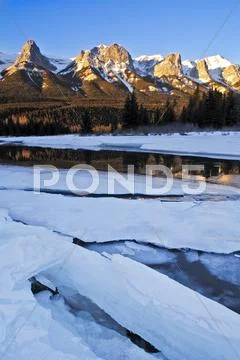 East End Of Mount Rundle And The Bow River Near Banff National Park, Alberta,