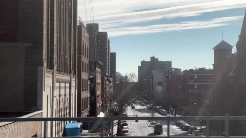 East Harlem and Hell Gate Bridge from moving Metro North train New York City Video stock 169904409