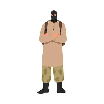 East Islamic commandos terrorist in black mask and backpack standing, criminal Stock Illustration