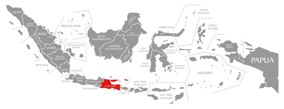 East Java red highlighted in map of Indonesia Ilustración de archivo
