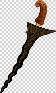 East Javanese Kris Dagger Vector with Strong Pamor and Carved Ladrang Sheath Stock Illustration