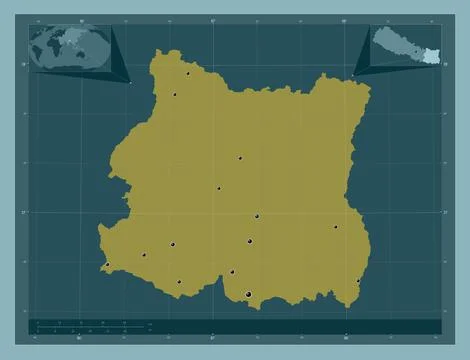 East, Nepal. Solid color shape. Locations of major cities of the region 스톡 일러스트