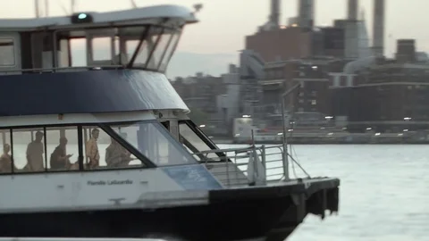 East River Ferry approaching the Williamsburg Station. Tilt-shift close up. NYC. Video stock 75328239