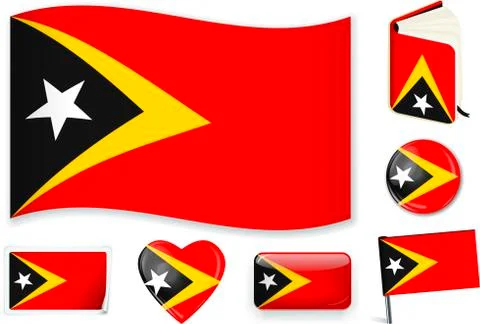 East Timor flag wave, book, circle, pin, button, heart and sticker. Stock Illustration
