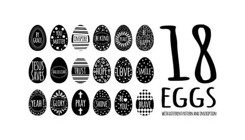 Easter 18 eggs collection with black geometry pattern Stock Illustration