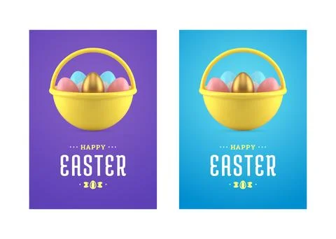 Easter 3d basket full of painted colored chicken eggs greeting card set desig Stock Illustration