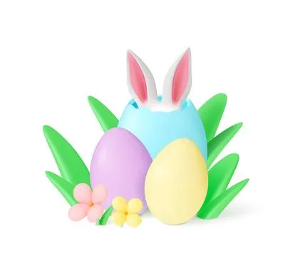 Easter 3d composition with eggs, flowers and grass. Spring festival, bunny ears 스톡 일러스트