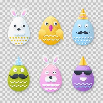 Easter 3d paper cut eggs with characters faces. Vector holiday craft handmade Stock Illustration