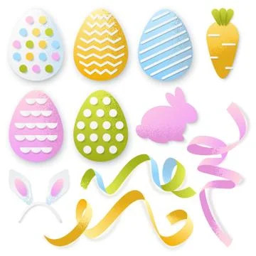 Easter 3d paper cut eggs, ribbons, rabbit set. Vector holiday craft handmade Stockillustratie