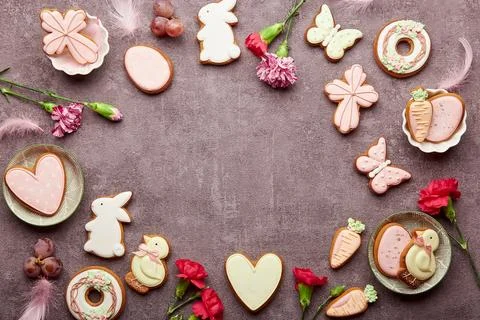 Easter aesthetic background with copy space top view, decorated cookies, aster Stock Photos