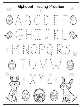 Easter Alphabet Tracing Worksheet. Educational activity and coloring page for Stock Illustration