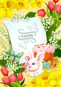 Easter and Egg Hunt poster with rabbit, egg, cake Stock Illustration