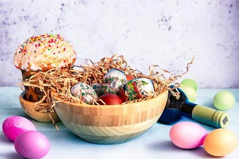 Easter and eggs background. Background. Easter cake with eggs and wine. Stock Photos