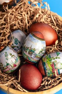 Easter and eggs background. Background. Easter eggs close up. Easter symbol Stock Photos