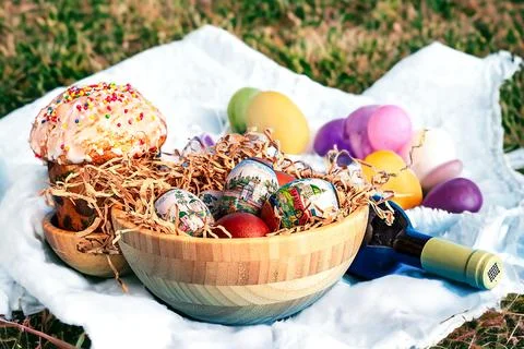 Easter and eggs background. Background. Easter cake with eggs and wine. Stock Photos