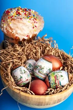 Easter and eggs background. Background. Easter cake with eggs close-up. Easte Stock Photos