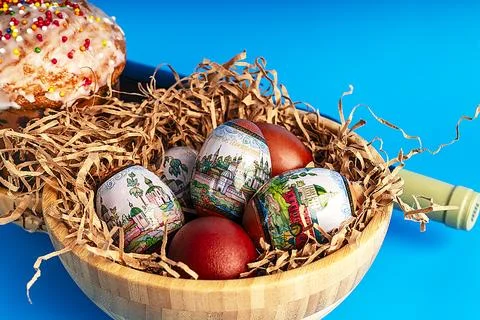 Easter and eggs background. Background. Easter cake with eggs and wine clos.. Stock Photos