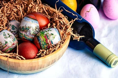 Easter and eggs background. Background. Easter eggs and wine. Easter symbol. Foto stock