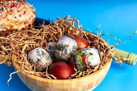 Easter and eggs background. Background. Easter cake with eggs and wine close- Stock Photos