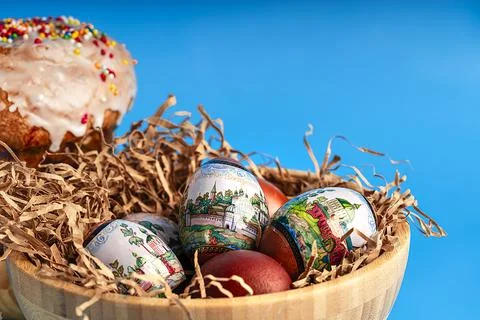Easter and eggs background. Background. Easter cake with eggs close-up. Easte Stock Photos