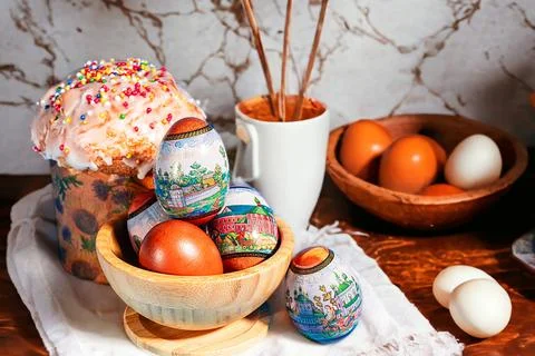 Easter and eggs background. Background. Easter cake with eggs close-up. Easte Stock Photos