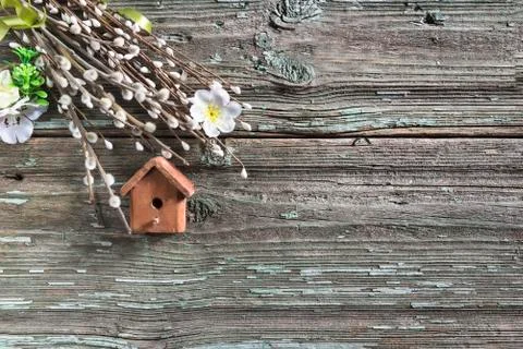 Easter and spring composition. Bouquet of willow twigs, bird house on old pai Stock Photos