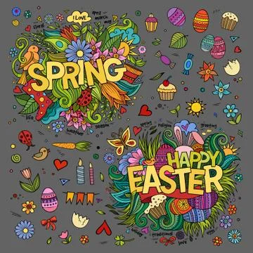 Easter and Spring hand lettering and doodles elements Stockillustratie
