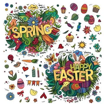 Easter and Spring hand lettering and doodles elements Stockillustratie