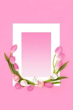 Easter and Spring Pink Tulip Flower Design with Painted Eggs Stock Illustration
