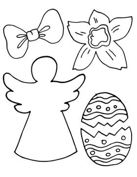 Easter angel, bow, egg, flower set, outline decorations, stickers. Stock Illustration