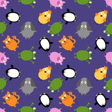 Easter animals and eggs seamless penguin and cats and frogs and chicken Stock Illustration