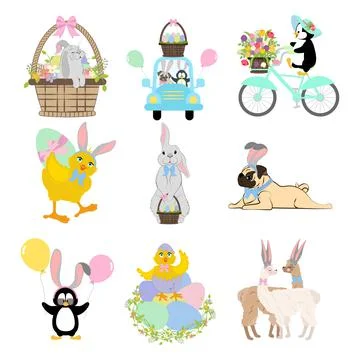 Easter animals set. Chick, rabbit, pug, penguin vector illustration Stock Illustration
