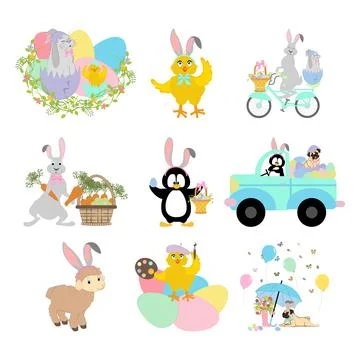 Easter animals set. Chick, rabbit, pug, penguin vector illustration Illustrazione stock