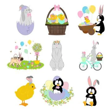 Easter animals set. Chick, rabbit, pug, penguin vector illustration Stock Illustration
