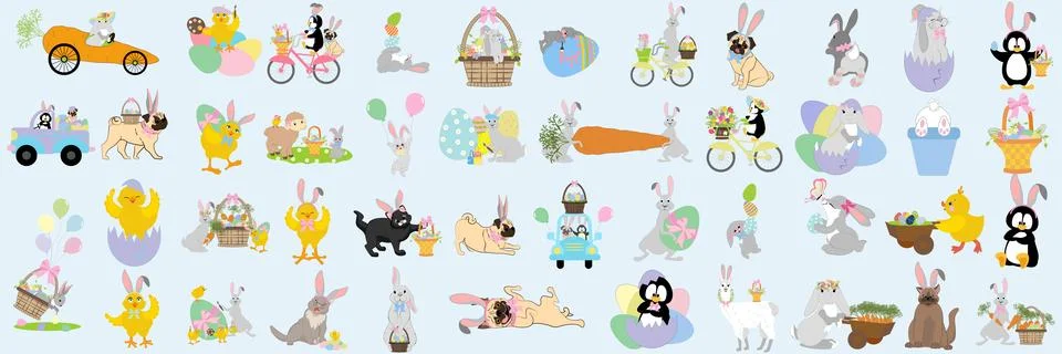 Easter animals set. Chick, rabbit, pug, penguin vector illustration Stockillustratie